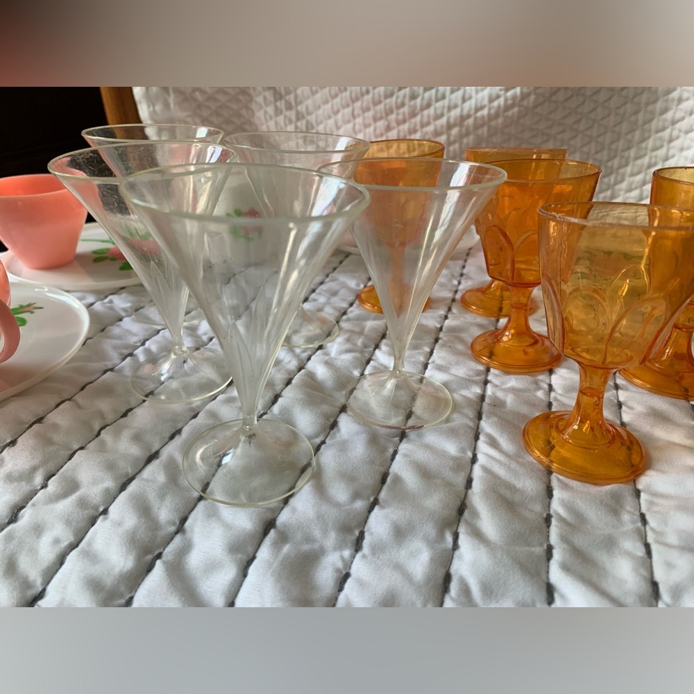 Vintage Mini Tea Cups Saucers Wine Water Goblet Pink Rose Orange Doll Drinks - Picture 3 of 7